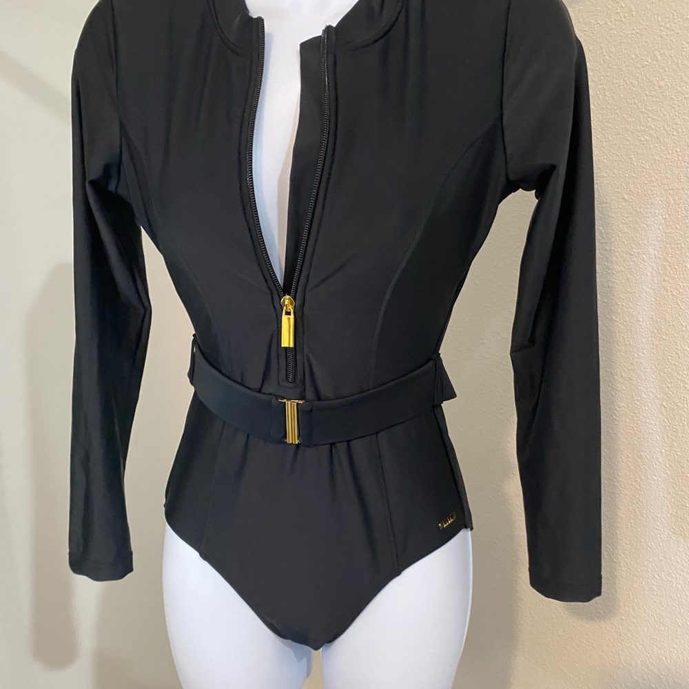 Nicole Miller One-piece Zip-up Swimsuit with Gold Accent Belt